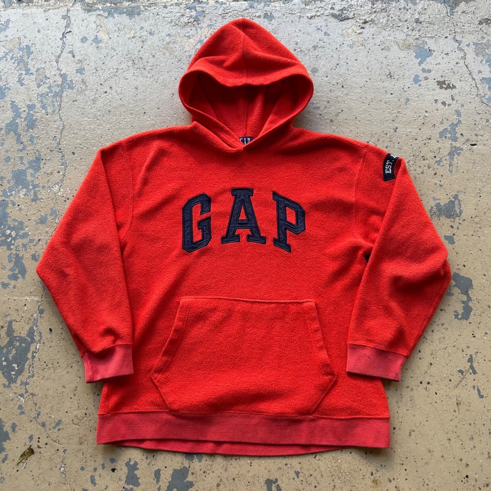 Vintage Gap Fleece Hoodie Red Navy Blue Spellout Logo 2000s Y2K Mens Small